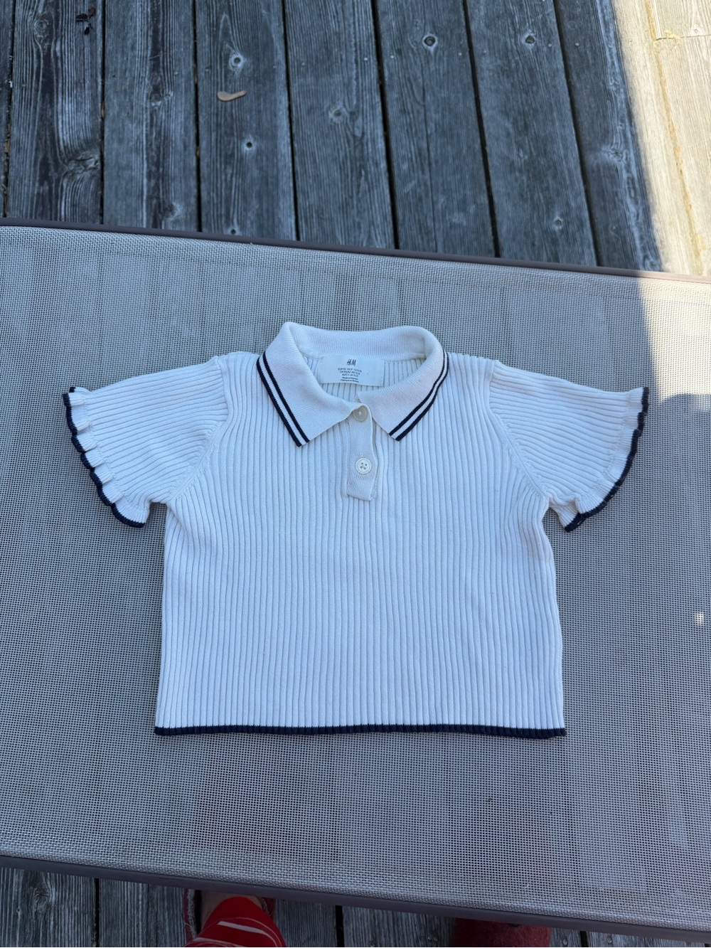 H&M Girls Ribbed Knit Polo Sweater Top White Navy Scallop Trim 2T